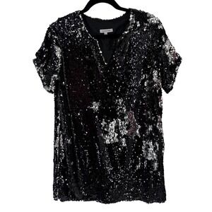 Cavanagh Baker Sequin Dress Womens L Black V-Neck Short Sleeve Luxury Designer